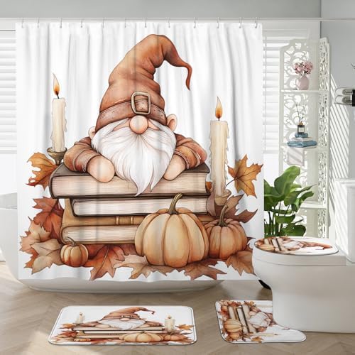DESIHOM 4PCS Fall Gnome Shower Curtain Set with Non-Slip Rug and Toilet Lid Cover Mat