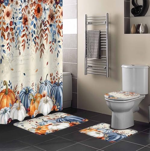 Siimuatlton Thanksgiving Pumpkins Shower Curtain Set 4 Pcs