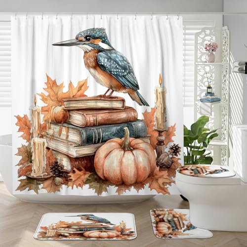 DESIHOM 4PCS Fall Kingfishers Bird Shower Curtain Set with Non-Slip Rug and 12 Hooks