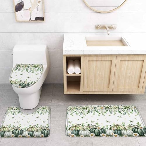 Green Pumpkin 4 Pcs Shower Curtain Set with Rugs