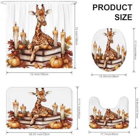 4PCS Fall Giraffe Pumpkins Shower Curtain Set with Non-Slip Rug and Toilet Lid Cover Mat