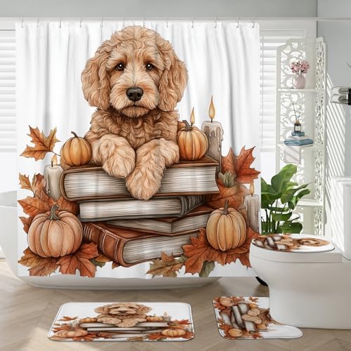 DESIHOM 4PCS Fall Golden Doodle Dog Shower Curtain Set with Non-Slip Rug and Toilet Lid Cover Mat