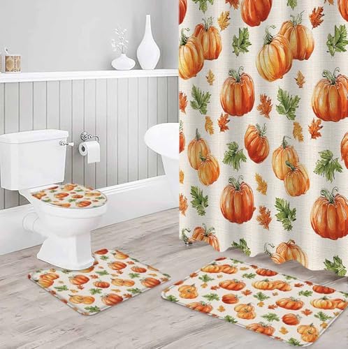 Thanksgiving Pumpkin 4 Pc Shower Curtain Set with Non-Slip Rugs 1