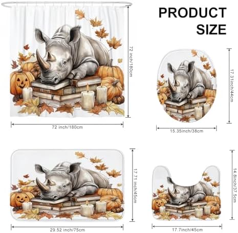 DESIHOM 4PCS Fall Rhinos Pumpkins Shower Curtain Set with Non-Slip Rug and Toilet Lid Cover Mat