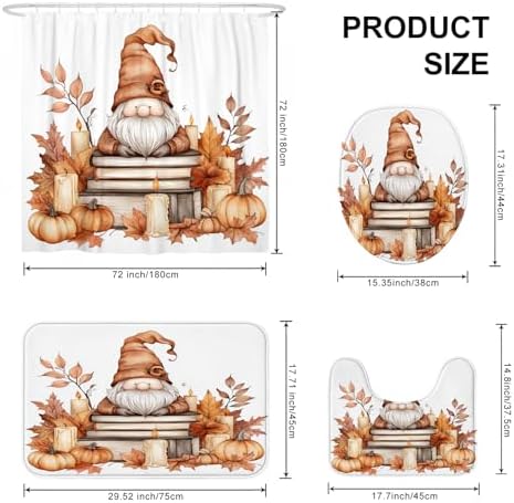 DESIHOM 4PCS Fall Gnome Shower Curtain Set with Hooks and Accessories