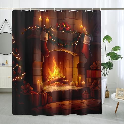 DESIHOM Christmas Fireplace Candle Shower Curtain Set 72 Inch