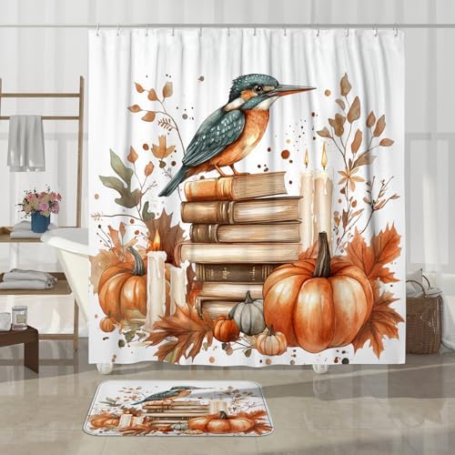 DESIHOM 4PCS Fall Kingfishers Bird Shower Curtain Set with Hooks and Bath Mat
