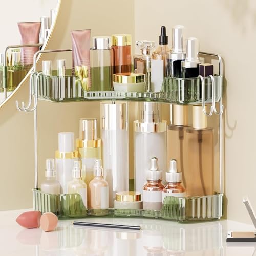 2 Tier Corner Bathroom Organizer with Hooks and Trays Green
