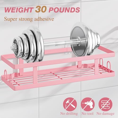 3-Pack Adhesive Shower Caddy with 12 Hooks and Soap Holder Pink