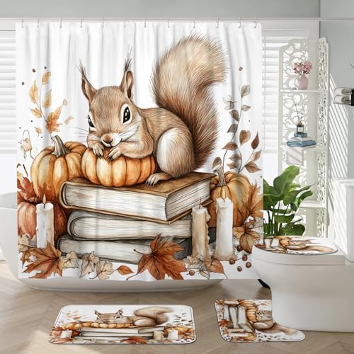 DESIHOM 4PCS Fall Squirrel Shower Curtain Set with Hooks and Bath Mat