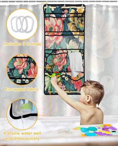 ZFUNCING Garden Watercolor Floral Shower Curtain with Hooks Organizer Set