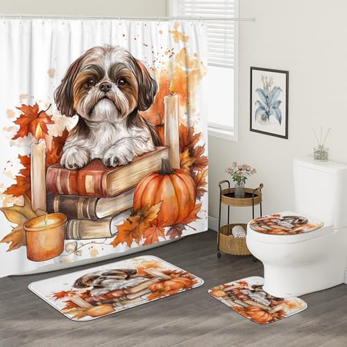 DESIHOM 4PCS Fall Shih Tzu Dog Shower Curtain Set with Non-Slip Rug