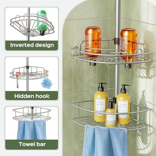 HAMITOR Corner Shower Caddy Tension Pole 4-Tier Adjustable