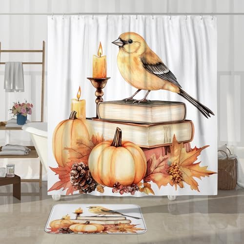 DESIHOM 4PCS Fall Goldfinch Bird Shower Curtain Set with Non-Slip Rug and Hooks