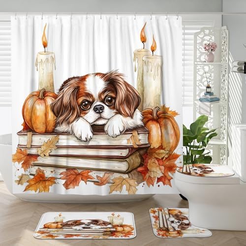 DESIHOM 4PCS Fall Japanese Chin Dog Shower Curtain Set with Non-Slip Rug and Toilet Lid Cover Mat