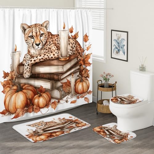 4PCS Fall Leopards Pumpkins Shower Curtain Set with Non-Slip Rug and Toilet Lid Cover Mat