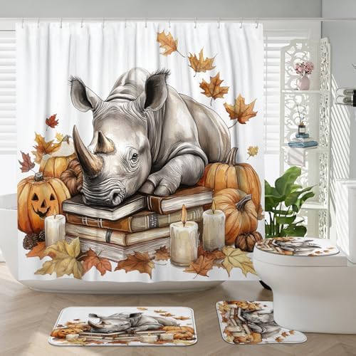 DESIHOM 4PCS Fall Rhinos Pumpkins Shower Curtain Set with Non-Slip Rug and Toilet Lid Cover Mat