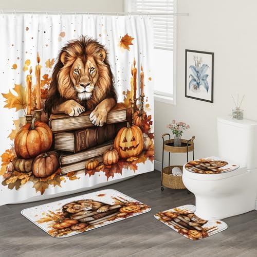 4PCS Fall Lion Pumpkins Shower Curtain Set 72x72 with Hooks and Bath Mat