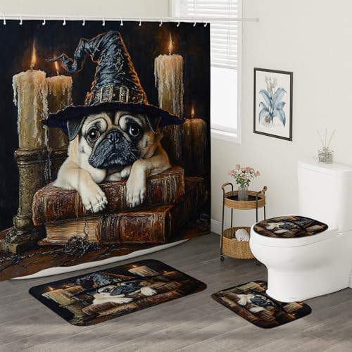 4PCS Halloween Witch Pug Dog Bathroom Set