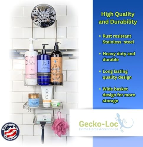 Gecko Loc Extra Long Adjustable Shower Organizer with Deep Shelf - Silver