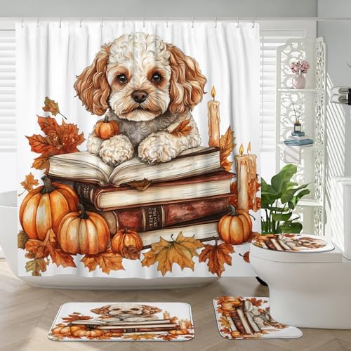 DESIHOM 4PCS Fall Cavachon Shower Curtain Set 72x72 with Hooks and Bath Mat