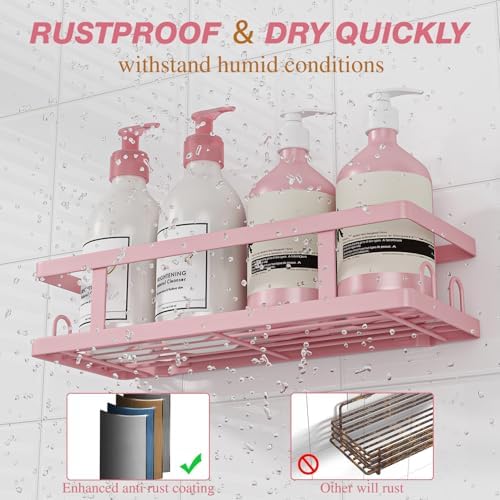 3-Pack Adhesive Shower Caddy with 12 Hooks and Soap Holder Pink