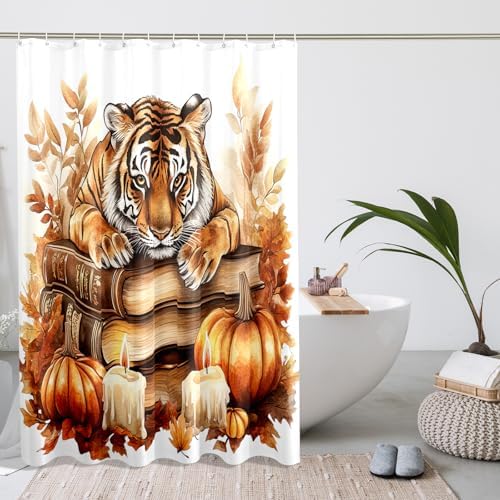DESIGHOM Fall Tigers Pumpkins Shower Curtain Set 72 Inch