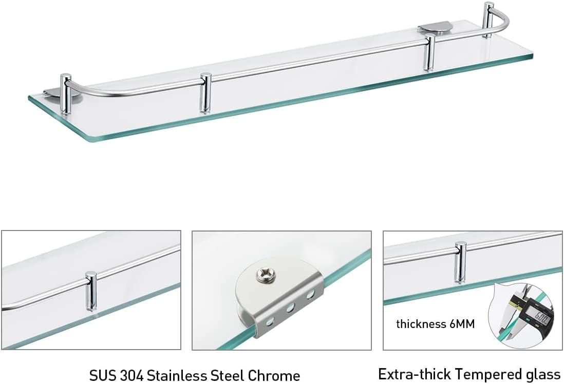 Glass Bathroom Shelves Tempered 6mm Floating Wall Shelves with 304 Stainless Steel Rail and Zinc Alloy Bracket 2 Pack