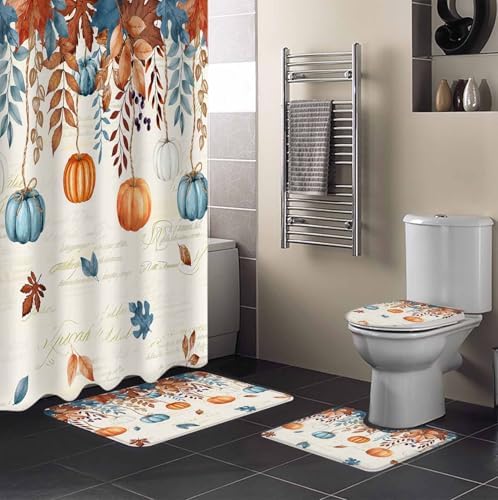 Orange Blue Pumpkin 4 Pc Shower Curtain Set with Non-Slip Rugs
