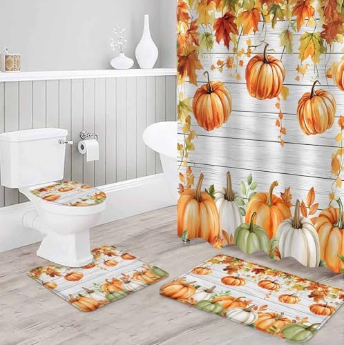 Thanksgiving Pumpkin Shower Curtain Set with 4 Pcs Mats and Rug