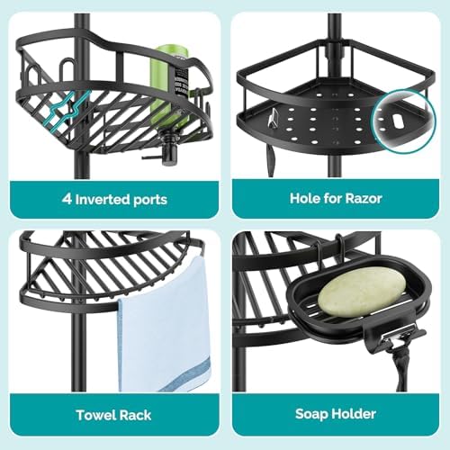 HAMITOR Corner Shower Caddy Tension Pole - 4 Tier Bathroom Organizer Shelves Black