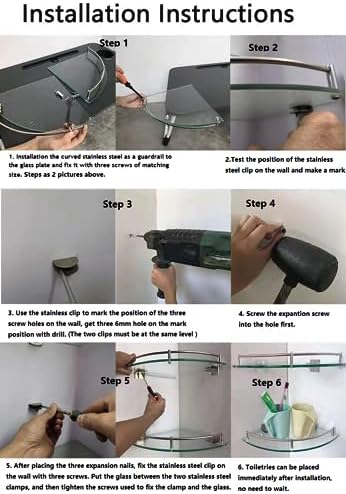 Bathroom Corner Shower Caddy with Tempered Glass and Stainless Steel Rail - Black