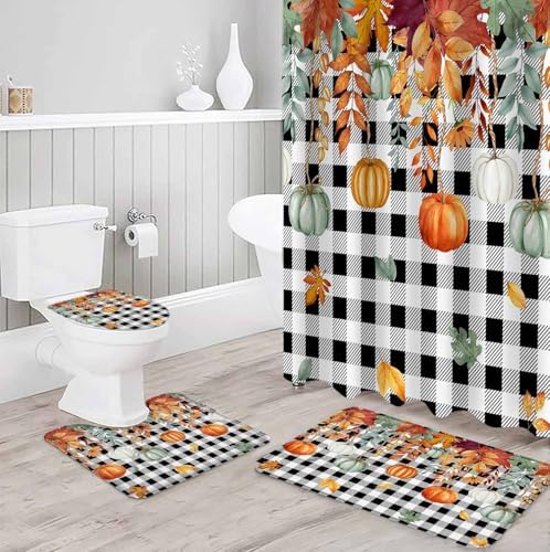 Thanksgiving Pumpkin 4 Pc Shower Curtain Set with Non-Slip Mats