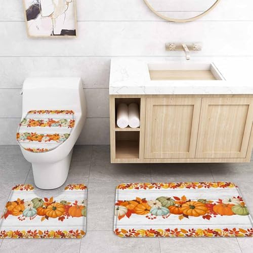 Thanksgiving Pumpkin 4 Piece Shower Curtain Set with Non-Slip Rugs