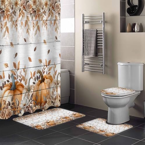 Fall Pumpkin 4 Pcs Waterproof Shower Curtain Set with Non-Slip Rugs and Mats