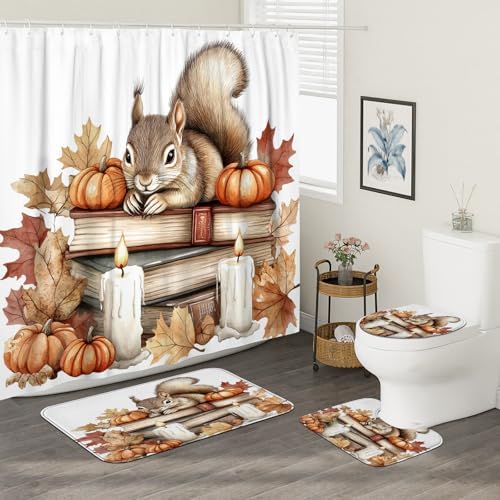 DESIHOM 4PCS Fall Squirrel Shower Curtain Set with Non-Slip Rug and Toilet Lid Cover Mat