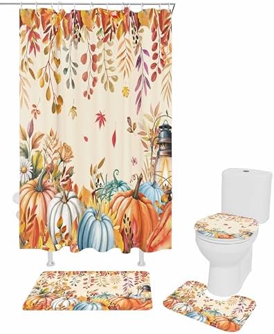 Orange Fall 4 Pc Shower Curtain Set with Non-Slip Rugs