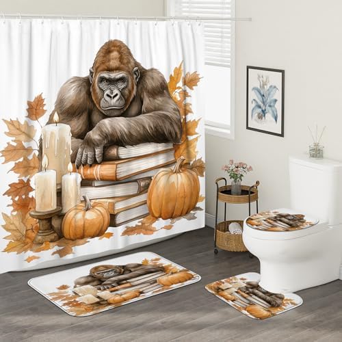 4PCS Fall Chimpanzee Pumpkins Shower Curtain Set with Hooks and Bath Mat