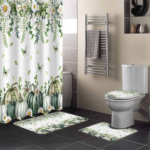 Green Pumpkin 4 Pcs Shower Curtain Set with Rugs