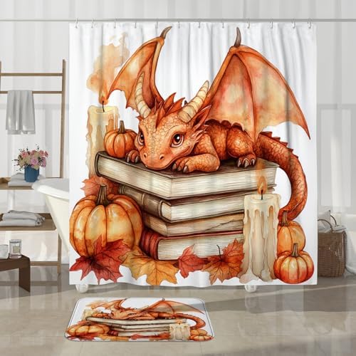 4PCS Fall Dragons Pumpkins Shower Curtain Set with Non Slip Rug and Toilet Lid Cover Mat