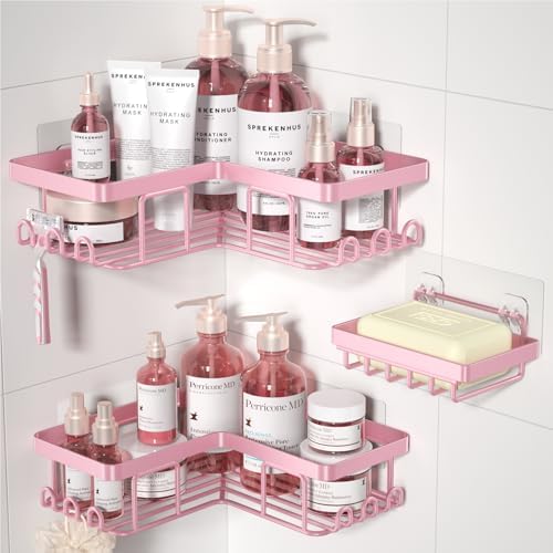 Yasonic Corner Adhesive Shower Caddy 12 Hooks Pink 3-Pack