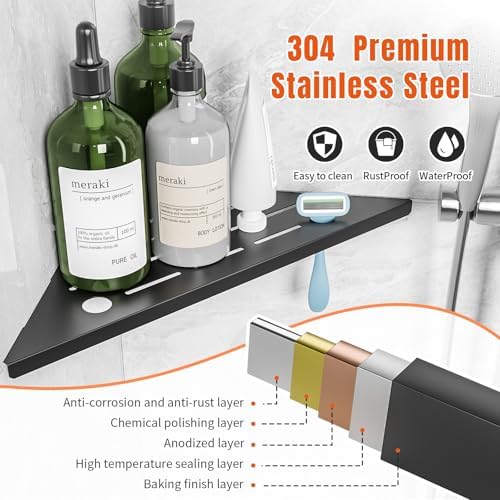 HBXS 10 Inch Black Shower Corner Shelf with Razor Hole 2-Pack