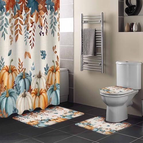 Harvest Pumpkin 4 Pc Shower Curtain Set with Non-Slip Rugs