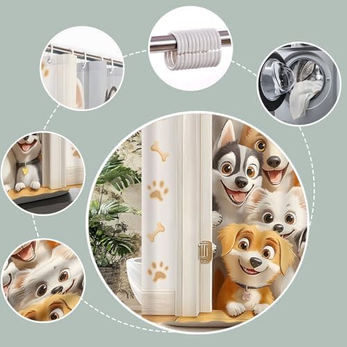 Funny Dogs Shower Curtain Cute Cartoon Animal Paws Print Bone Watercolor Farmhouse Decor