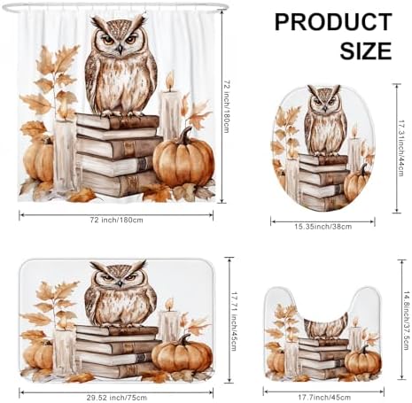 DESIHOM 4PCS Fall Owl Bird Shower Curtain Set with Non-Slip Rug and 12 Hooks
