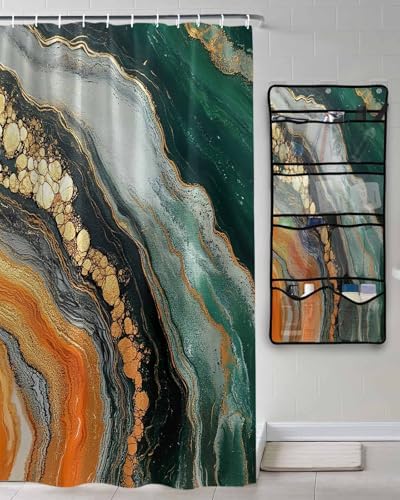 Modern Abstract Marble Shower Curtain with Organizer Set