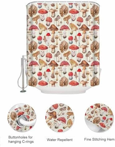 ZFUNCING Vintage Mushroom Watercolor Plant Shower Curtain Set with Hooks