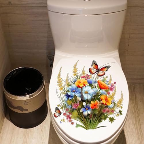 Toilet Stickers Bathroom Wall Decor Flowers Green Plant Butterflies Vinyl Decals