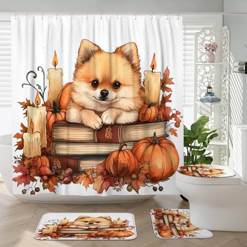 DESIHOM 4PCS Fall Shower Curtain Set with Hooks Non-Slip Rug and Toilet Lid Cover Mat