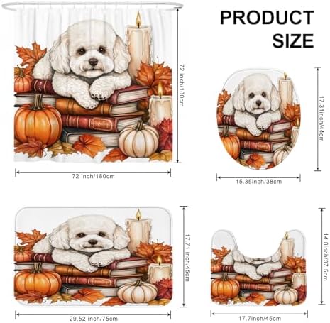DESIHOM 4PCS Fall Bichon Frise Dog Shower Curtain Set with Non-Slip Rug and Toilet Lid Cover Mat